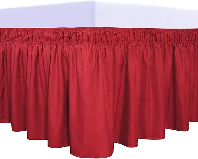PureFit Wrap Around Ruffled Bed Skirt with Adjustable Elastic Belt - 14 Inch Drop Easy to Put On, Wrinkle Free Bedskirt Dust Ruffles, Bed Frame Cover for Queen, King and C-King Size Beds, Red