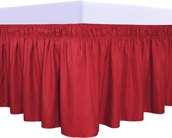 PureFit Wrap Around Ruffled Bed Skirt with Adjustable Elastic Belt - 14 Inch Drop Easy to Put On, Wrinkle Free Bedskirt Dust Ruffles, Bed Frame Cover for Twin, Twin XL and Full Size Beds, Red