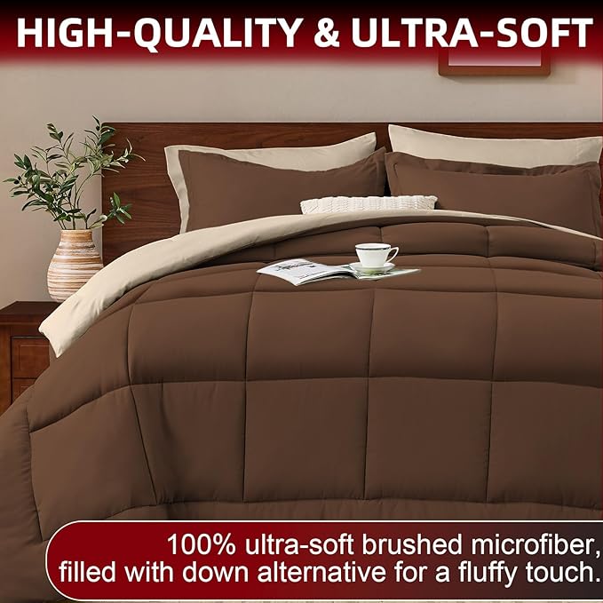 FUANNA Full Size Comforter Sets 7 Pieces, Reversible Bed in a Bag with All Season Comforter, Bedding Sets Includes Comforter, Flat Sheet, Fitted Sheet, Pillowcases & Shams, Dark Brown & Oatmeal
