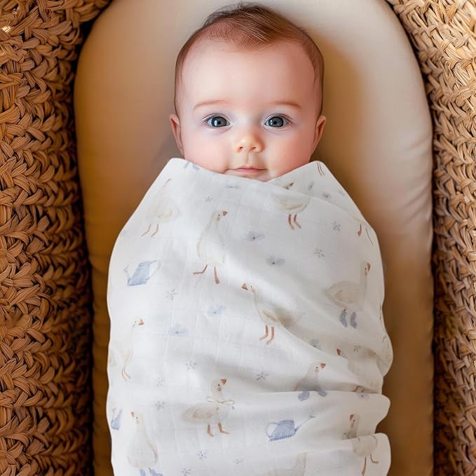 LifeTree Baby Swaddle Blankets, Boys Girls Muslin Swaddling Wrap Receiving Blanket for Newborn, 70% Viscose from Bamboo and 30% Cotton, Large 47" x 47", Duck and Checkered