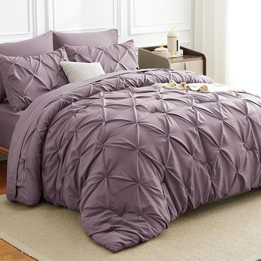 King Comforter Set Dusty Purple, 7 Pieces Pintuck Bed in A Bag King Size Bedding, Soft Bed Set All Season Pinch Pleat Comforter Set with Sheets, Pillowcases & Shams