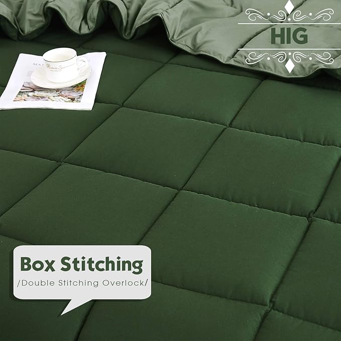 HIG 3pc Green King Size Comforter Set -All Season Reversible Down Alternative Comforter Bedding Comforter -Quilted Duvet Insert with Corner Tabs - Box Stitched Blanket - Breathable, Soft, Fluffy