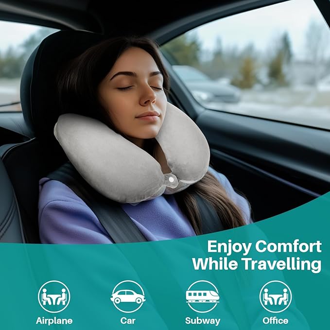 Neck Pillow for Airplane Sleeping – Memory Foam Travel Pillow with Neck & Head Support, U-Shaped Design for Long Flights, Portable Adult Neck Support Pillow with Washable Cover (Grey)