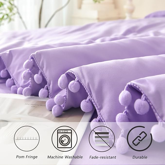 PERFEMET Light Purple Bedding Sets for Girls Full Size 5 Pieces Boho Pom Pom Comforter with Sheet Soft Fluffy Farmhouse Bedding Comforter Set Cozy Solid Bed in a Bag for Kids Teen(Light Purple, Full)