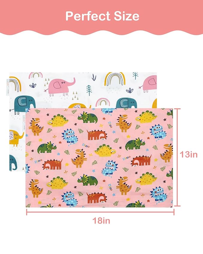 ALVABABY Toddler Pillowcases 2 Pack Organic Cotton Kids Pillow Cover Fit 13"x 18" or 14"x19" Envelope for Girl Sleepy Travel Elephant Pink Dinosaur 2TPW39A