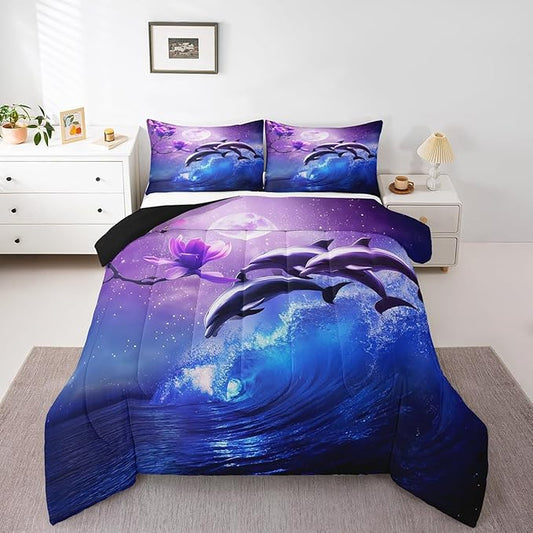 Galaxy Dolphin Bedding Set Twin Coastal Ocean Waves Comforter Set Night Star Moon Cherry Blossoms Comforter For Kids Girls Teens Sea Animal Starry Sky Quilt Duvet Purple Blue Marine Room Decor 2 Pcs