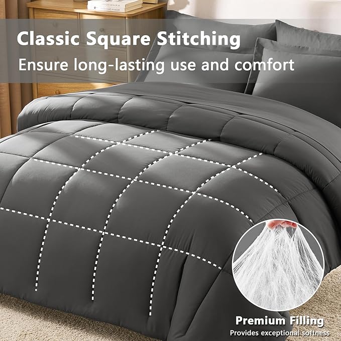CozyLux Queen Comforter Set Dark Grey - 7 Pieces Bed in a Bag Queen, All Season Breathable Bedding Sets, Oeko-Tex Certified Bed Set with Down Alternative Comforter, Sheets, Pillowcases & Pillow Shams