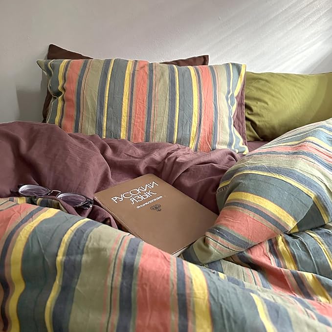 mixinni Vintage Striped Duvet Cover Set Queen Size - 3 Piece 100% Washed Cotton Bedding Set, Soft & Breathable, Colorful Striped Pattern Printed Comforter Cover for All Seasons