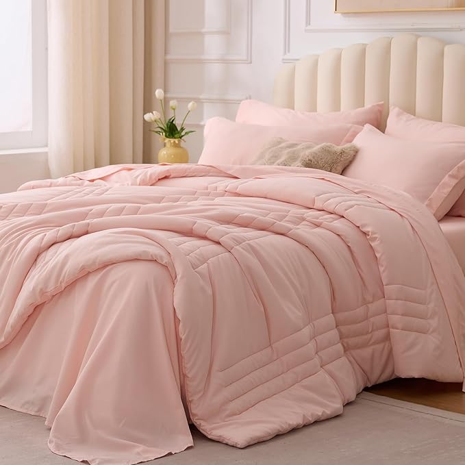 Full Comforter Set Pink - Bed in a Bag Full Size 7 Pieces, Soft Bedding Set for All Seasons, Premium Comforter Set with Comforter, Sheets, Pillowcases & Shams