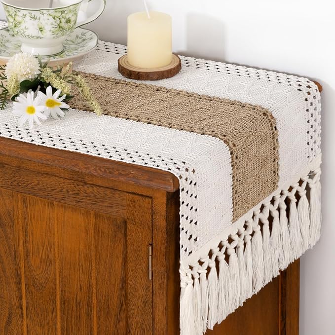 Socomi Boho Table Runner Valentine's Day Farmhouse Rustic Dining Kitchen Centerpiece Decor Small Macrame Woven Cotton Linen Coffee Table Runner for Dresser Scarf Home Decor 12x72 inch