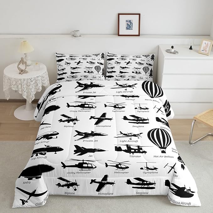 Erosebridal Airplane Comforter Set Full,Black White Airplanes Bedding Set Space Rocket Aircraft Down Comforter for Boys Kids Teens Room Decor,Helicopter Biplane Quilt Duvet Sets with 2 Pillow Cases