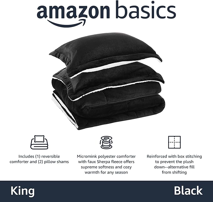 Amazon Basics 3 Piece Bedding Set, Micromink Sherpa, Ultra-Soft, Warm All Season Comforter, King, Black, Solid