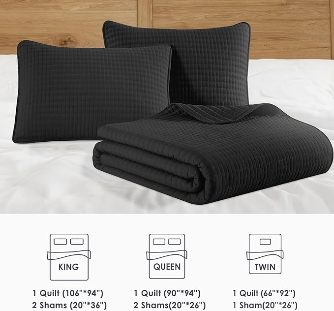 WRENSONGE Queen Quilt-3 Pieces Lightweight Bedspreads Black Queen Size Quilt Bedding Set for All Seasons, Soft Summer Coverlet with 2 Pillow Shams Suitable for Bed, Couch
