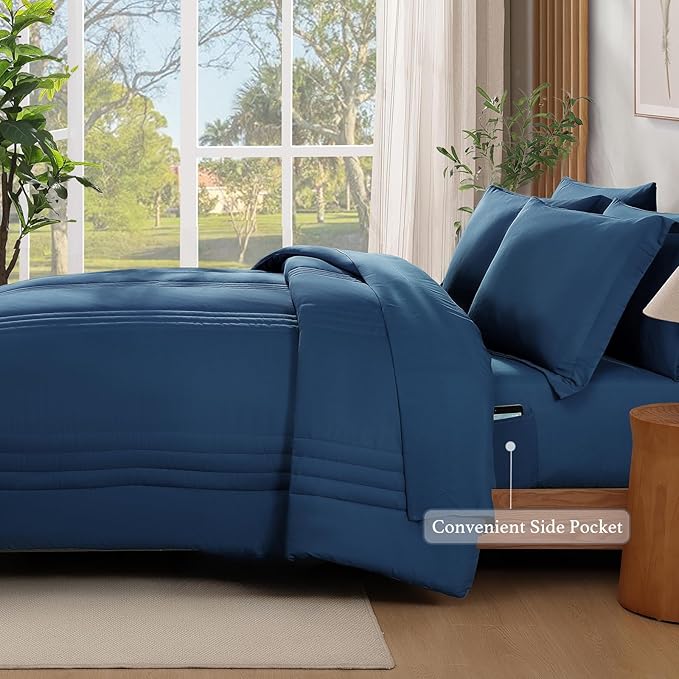 Monbix King Size Comforter Set - 7 Pieces Serenity Blue Bed in a Bag, King Size Bedding Sets with Comforters, All Seasons Comforter with Sheets,Pillowcases & Shams