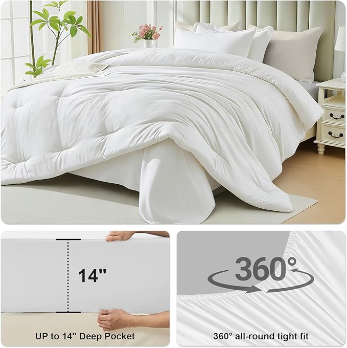 Full Comforter Set 7 Pieces - Ultra-Soft Bed in a Bag Full Size, Cozy Luxury All Season Bedding Sets with Comforter, Flat Sheet, Fitted Sheet, 2 Pillow Shams & 2 Pillowcases, White
