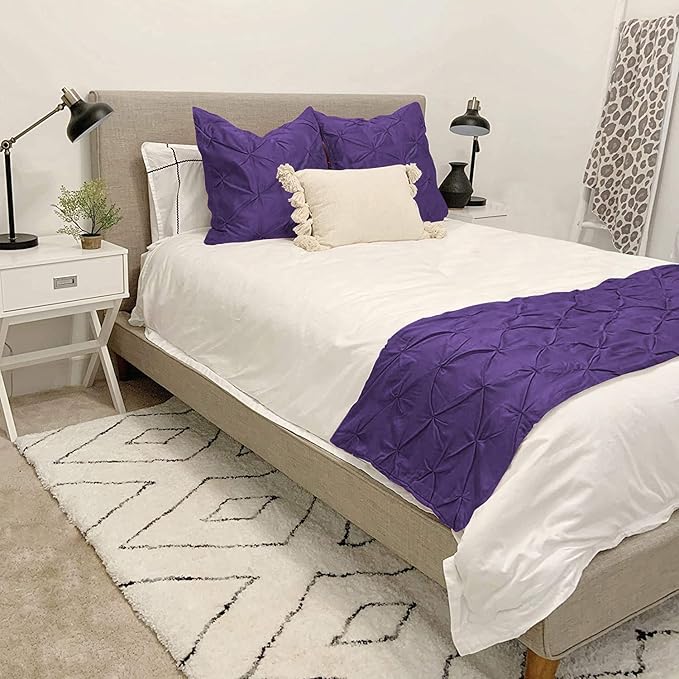 Bed Runner Set - 100% Pure Cotton 800 Thread Count - Luxury 1 Pinch Pleated Bed Runner and 4 Pillow Cover - 5 Piece Pinch Pleated Bed Runner Set Queen, Purple