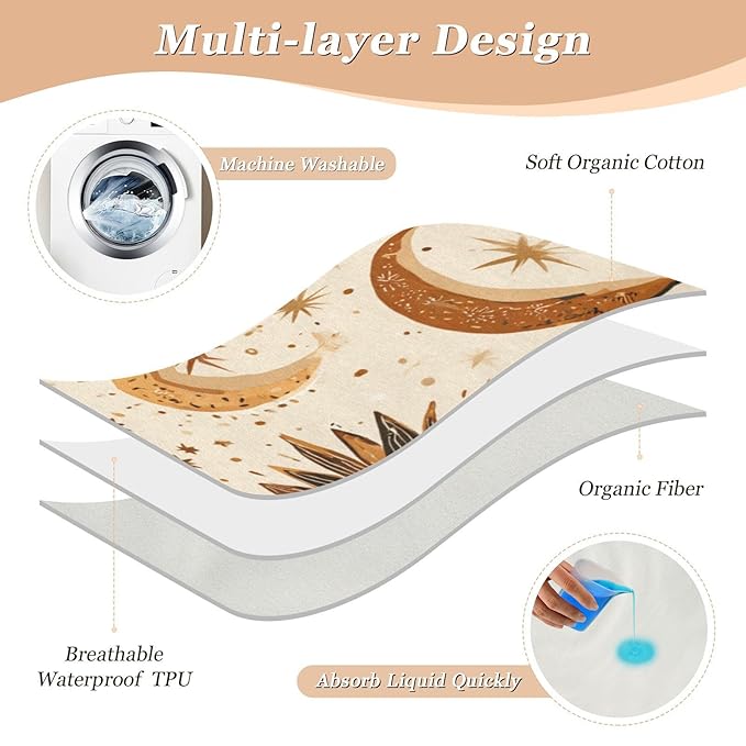 Waterproof Bed Pad Reusable Changing Pad Toddler Mattress Protector Large Pee Pad Baby Diaper Pad Soft Washable Liner Brown Boho Sun Moon