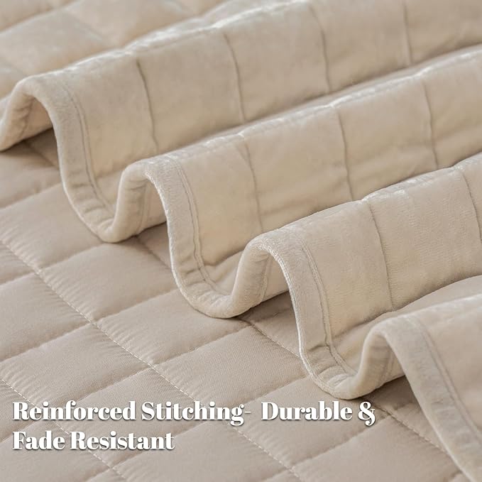 PHF Luxurious Velvet Quilt Set King Size – 3PCS Super Soft Quilted Comforter Alternative with Square-Box Quilt Pattern, Warm Quilted Bedspread Coverlet, 108" x 92", Oxford Tan