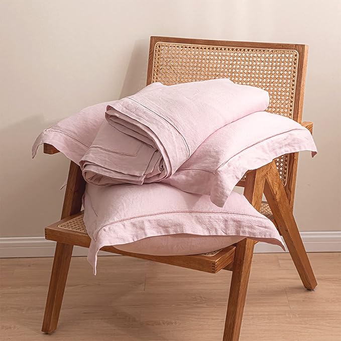 Simple&Opulence 100% Washed Linen Duvet Cover with Embroidered, 2 Pieces Soft Farmhouse Comforter Set with Button Closure,1 Duvet Cover and 1 Pillowsham(Twin,Dusty Pink)