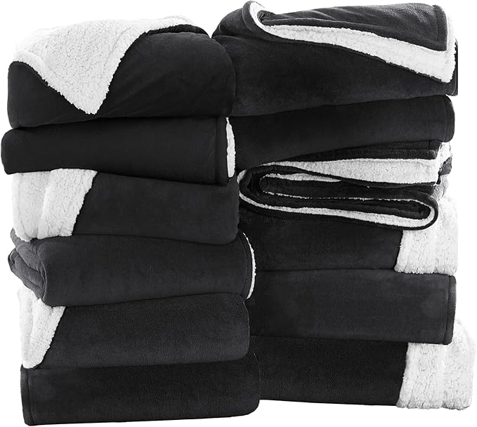MOONLIGHT20015 Black Sherpa Fleece Throw Blanket Twin Size for Bed - Wholesale Bulk Pack of 12 Sherpa Blankets - Soft Fluffy Throw Blankets for Hotels, Guest Bedroom, 60x80 Inches