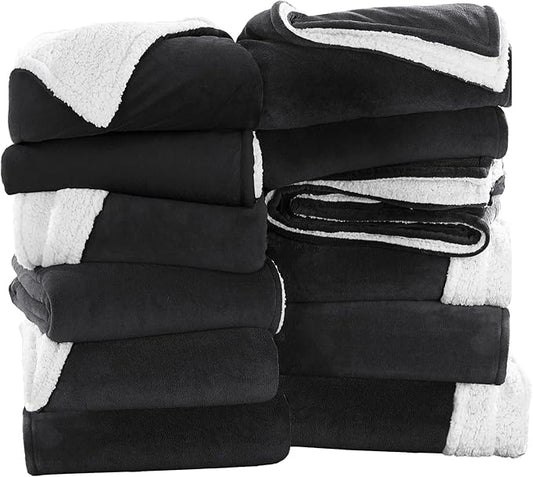 MOONLIGHT20015 Black Sherpa Fleece Throw Blanket Twin Size for Bed - Wholesale Bulk Pack of 12 Sherpa Blankets - Soft Fluffy Throw Blankets for Hotels, Guest Bedroom, 60x80 Inches