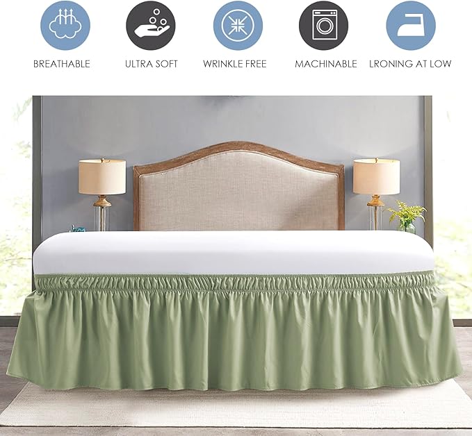FreshCulture Twin Bed Skirt, Elastic Wrap Around Bed Skirt Twin Size, Bed Skirts for Adjustable Bed, Easy Fit with 22 Inch Drop Length, Hotel Quality Dust Ruffle for Twin Bed (Sage Green)