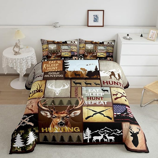 Feelyou Kids Hunting Bedding Set King Size, Deer Hunting Comforter Set Boys Girls Deer Antlers Comforter Hunting Gifts Duvet Insert Kids Room Decor with 2 Pillow Case