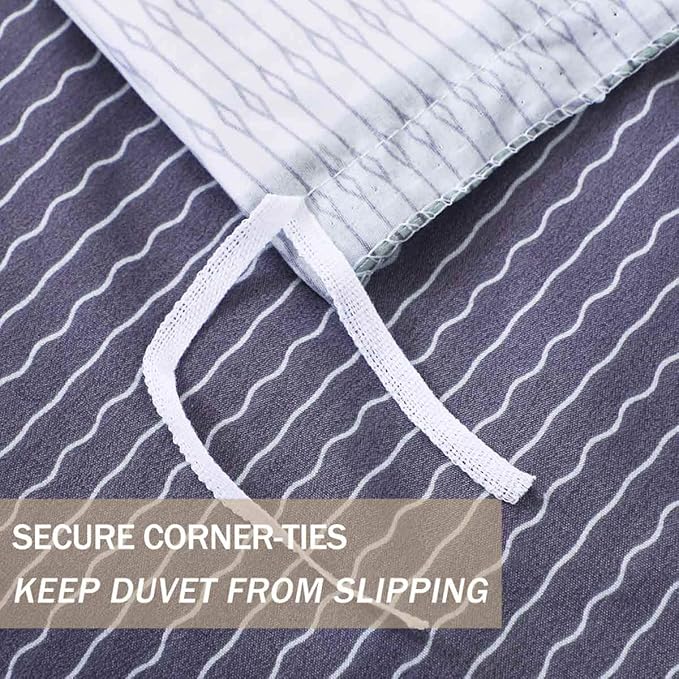 Nanko Queen Duvet Cover Set 3pc 90x90 Gray Mint Green Striped Pattern Printed Luxury Microfiber Comforter Quilt Bedding Cover with Zipper Closure Ties - Modern for Men and Women Chambray