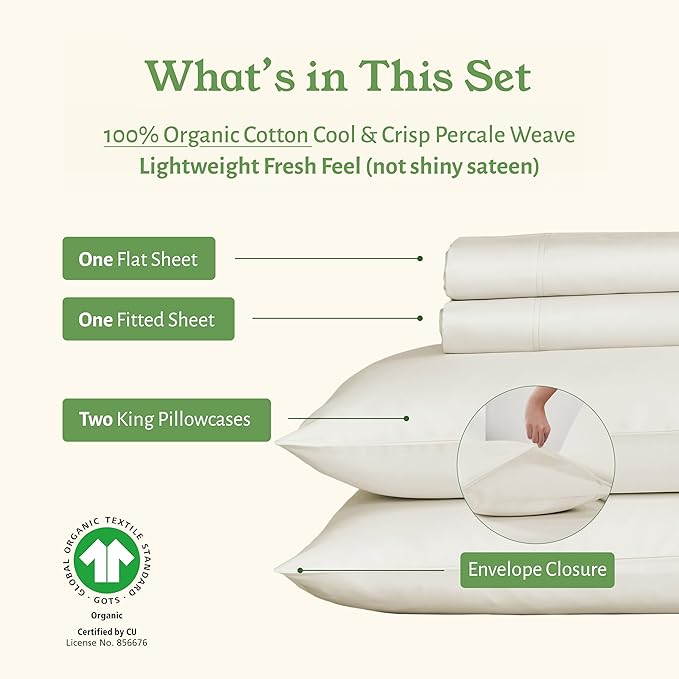 California Design Den Cal King Sheet Set - Soft 100% Organic Cotton Percale Sheets with Deep Pockets, Crisp, Breathable and Durable Bedding Set - Ivory (Cream Tone)