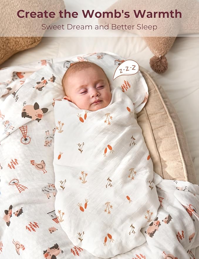 Momcozy Muslin Best Wishes Swaddle Blankets, Ultra Soft Neutral Registry Essentials, Pasture Pals & Pumpkin Dreams, Breathable Large 47'' x 47'' Newborn Boys Girls Receiving Blanket