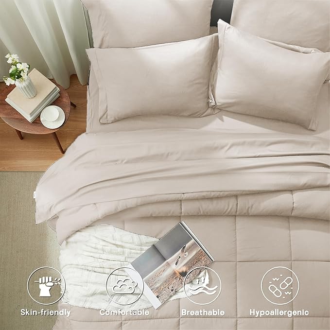 Anluoer King Size Bed in a Bag 7 Pieces, Beige Bed Comforter Set with Sheets, All Season Bedding Sets with 1 Comforter,2 Pillow Shams,2 Pillowcases, 1 Flat Sheet, 1 Fitted Sheet
