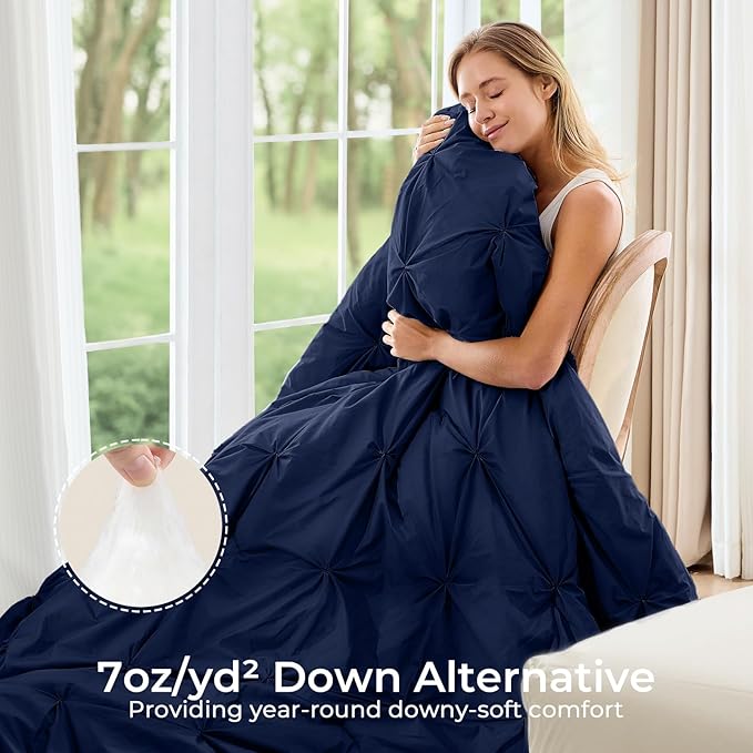 Sasttie Twin Comforter Set, 5-Piece Bed in a Bag, Pintuck Bedding Sets for All Season, Includes Comforter, Flat Sheet, Fitted Sheet, Pillowcase and Pillowsham, Navy
