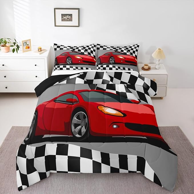 Feelyou Sports Car Bedding Set Red Racing Car Comforter for Kids Boys Girls Teens Extreme Sports Theme Comforter Set Race Sports Car Duvet Set Black and White Grid Room Decor Quilt Set Queen Size