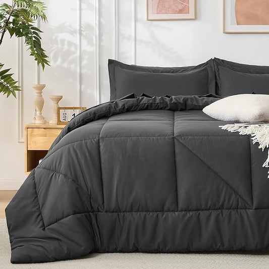 7 Pieces Queen Comforter Set - Utral Soft Microfiber Bedding Set, Thick Duvet Insert Bed in a Bag Without Rustling Noise for All Season, Dark Grey (88"x88")