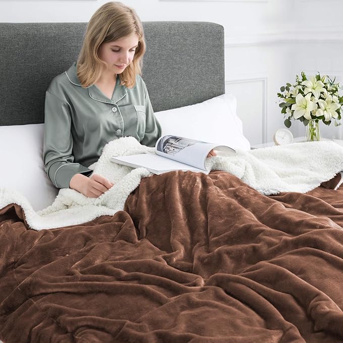 MOONLIGHT20015 Coffee Sherpa Blankets Queen Size for Bed - Wholesale Bulk Pack of 9 Sherpa Blankets - Soft Fluffy Throw Blanket for Hotels, Guest Bedroom, 90x90 Inches
