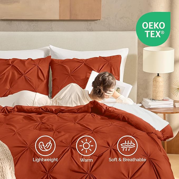 Andency Burnt Orange Pinch Pleat Comforter Twin(66x90Inch), 2 Pieces(1 Pintuck Comforter, 1 Pillowcase) Microfiber Pintuck Comforter Set Down Alternative Comforter Bedding Set