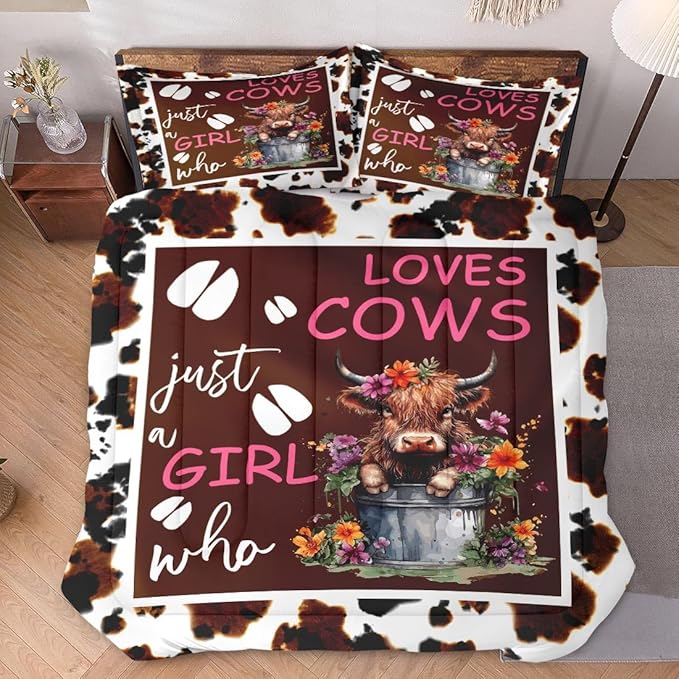 Full Size Comforter Set with 2 Pillowcases, Cow Print Flower Green Soft 3 Pcs Bedding for Kids and Adults, Cute Happy Highland Comforter Set for Bedroom Bed Decor