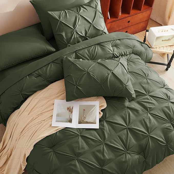 CozyLux California King Comforter Set Olive Green - 7 Pieces Cal King Pintuck Bed in A Bag Gift for Family, Pinch Pleat Bedding Sets with All Season Comforter, Sheets, Pillowcases & Shams