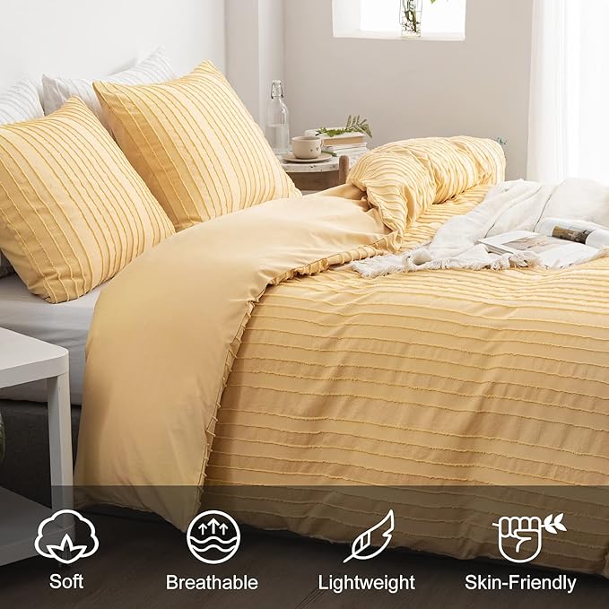 WARMDERN Yellow Boho Duvet Cover Set King Size, Striped Textured Duvet Cover Tufted Bedding Set, 3 Pcs Ultra Soft Washed Microfiber Duvet Cover with Zipper Closure (King, Yellow)