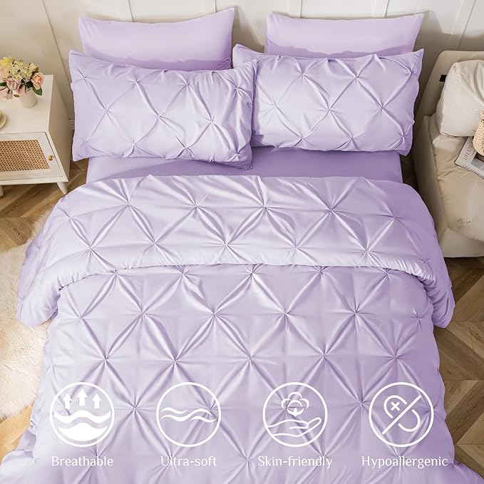 JOLLYVOGUE California King Comforter Set 7 Pieces - Bed in a Bag Cal King for All Season, Pintuck Bedding Comforter Sets with Comforter, Flat Sheet, Fitted Sheet and Pillowcases & Shams, Light Purple