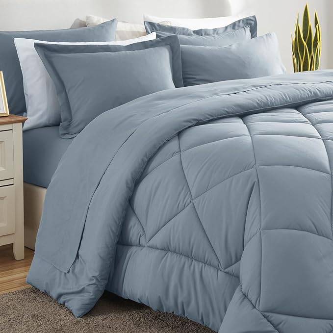CozyLux Oversized Queen Comforter Set Dusty Blue, 7 Pieces Bed in a Bag Comforter Set with Sheets Luxury Bed Set All Seasons, Bedding Set with Down Alternative Comforter, Sheets, Pillowcases & Shams