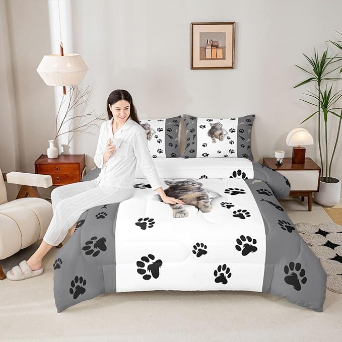 Kids 3D Cute Kawaii Cat Comforter Set Full - Lovely Animal Kitten Paw Print Bedding for Girls Boys Cat Lovers' Bedroom - Fish Bone Decor Quilt Duvet Set Grey White With 2 Pillow Cases