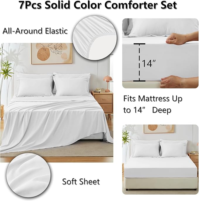 CozyLux King Comforter Set White, 7 Pieces Bed in a Bag Soft Bedding Comforter Set with Sheets, All Season Boho 7PC Bed Sets with Comforter, Fitted Sheets, Flat Sheets, Pillow Shams and Pillowcases