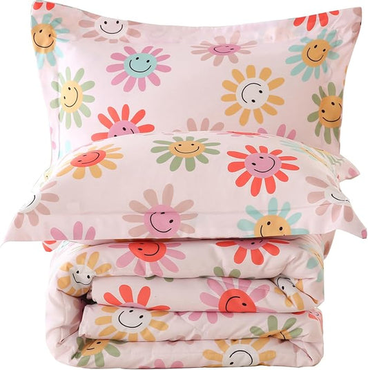 Yibeizi Floral Comforter Set for Girls Full Size, Kids Cute Patterned Bedding Set with Pillow Sham, Lightweight Soft Breathable Machine Washable Quilt Bed Comforter Set 3 Piece