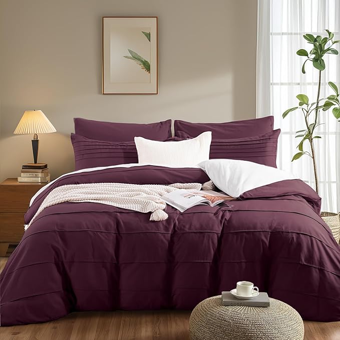 NEXHOME PRO 100% Organic Cotton Duvet Cover Full Size, Linen Like Pleated Burgundy Bedding Set Set, 3pc Bedding Set with Zipper Closure, Soft, Breathable (80"x90", No Comforter)