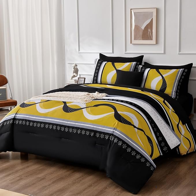 Anibedding Yellow Black Comforter Set King Size,8 Pieces Bed in a Bag Patchwork Striped Bedding Sets,Boho Soft Microfiber Bedding Set for All Season(104"×90")