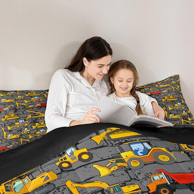 Kids Tractor Bedding Sets For Boys Toddler Twin,Under Construction Trucks Bedding Comforter Set,Equipment Excavator Bedding Cartoon Vehicle Cars Bed Set For Child Room Decor Yellow Dark Grey 2 Pcs