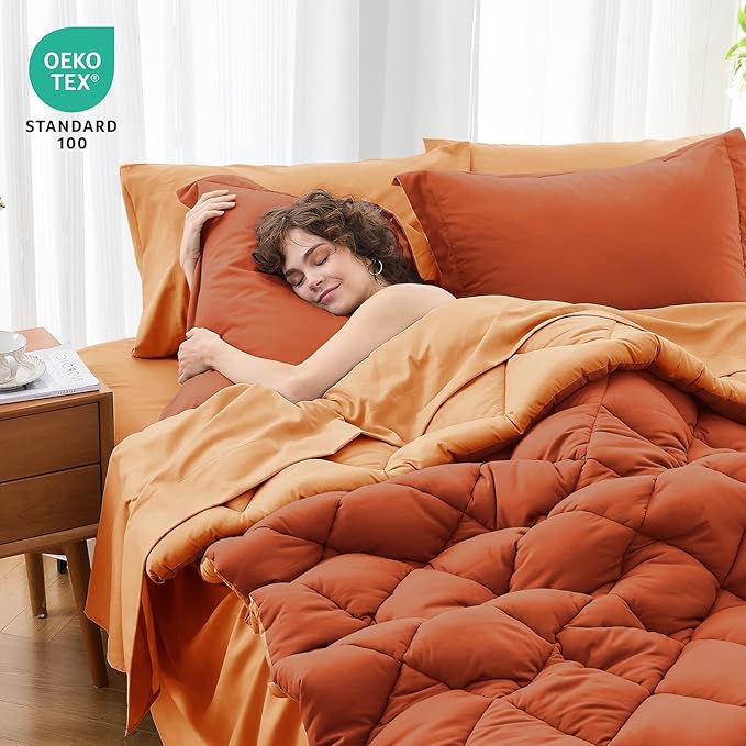 MUXHOMO 5 Pieces Twin XL Comforter Set, Reversible Bed in a Bag Twin XL Size, All Season Bedding Set with Comforter, Flat Sheet, Fitted Sheet, Pillowcases & Shams, Burnt Orange & Camel