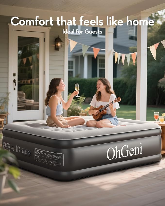 OhGeni Air Mattress Full with Built-in Pump,18'' Comfortable Blow Up Colchones Inflables Mattress for Home,Guests,Foldable,Portable Bed for Adults,Durable Airbed Supports Up to 600 lbs,Black