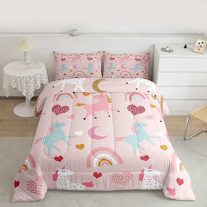 Feelyou Girls Unicorn Comforter Set Full Size Kids Cute Pink Rainbow Horse Decor Comforter for Unicorn Lover Daughter Bedding Set Boho Star Moon Duvet Set (1 Comforter + 2 Pillowcases, Full)